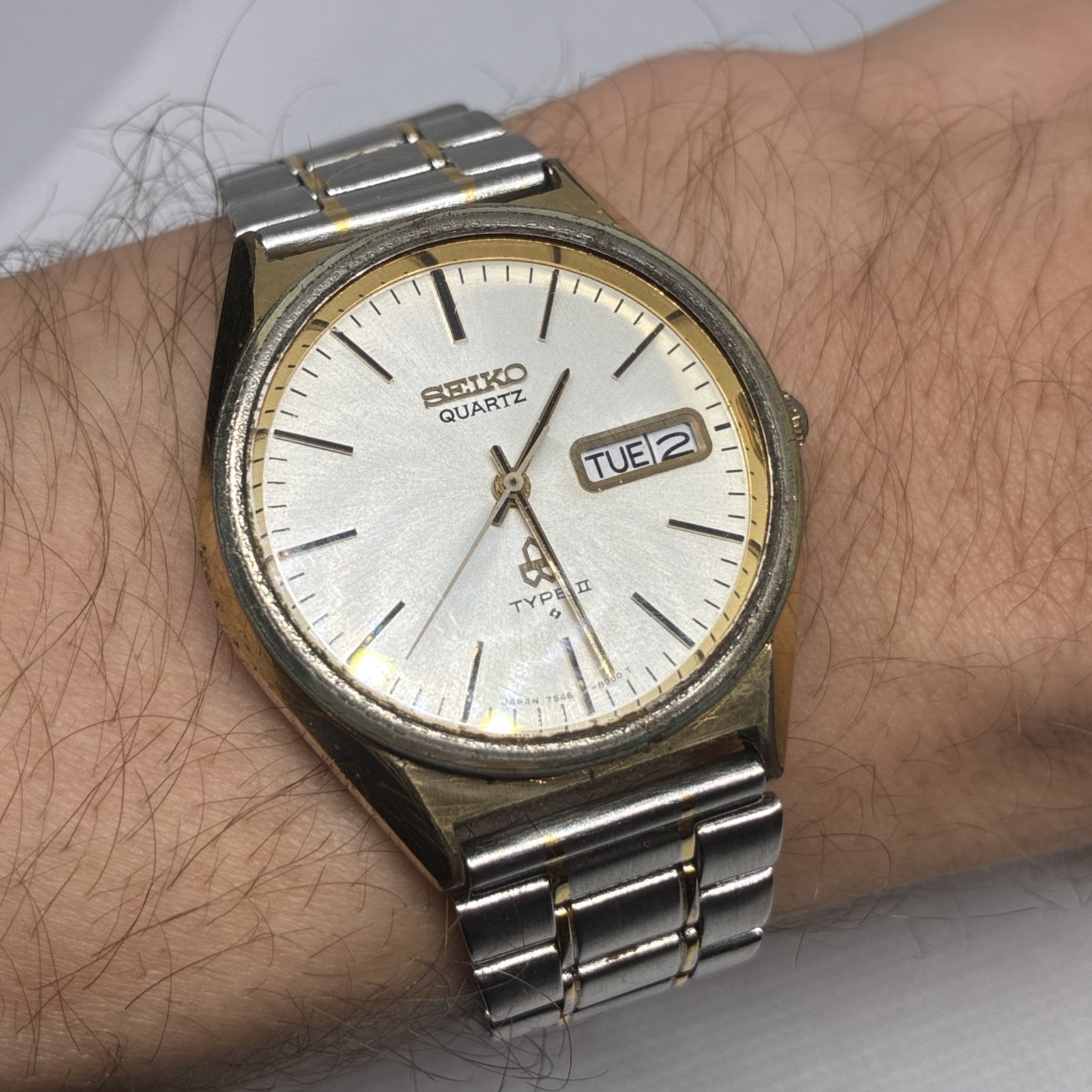 Seiko Type Ii Watch Men 35mm Silver Dial Gold Tone Daydate 75468000 Running